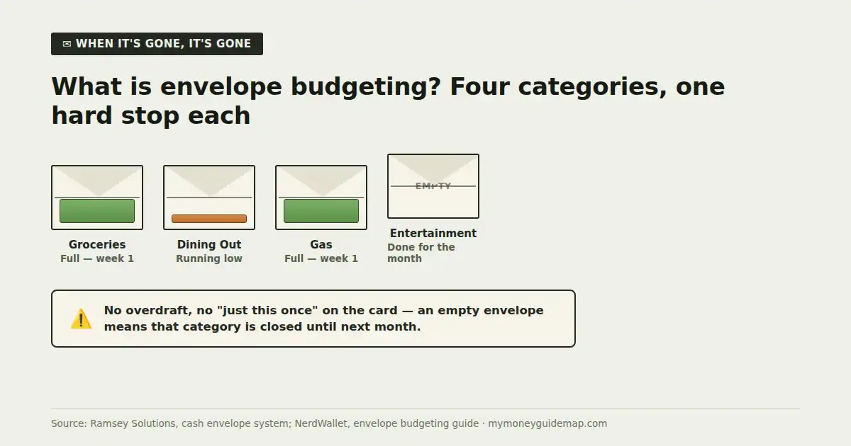 what is envelope budgeting — four labeled cash envelopes, one shown empty for the month