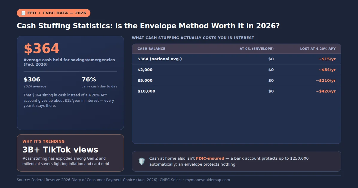Cash stuffing chart showing lost interest and Fed data on envelope budgeting savings