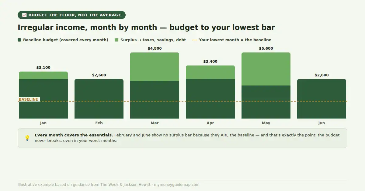 How to budget with an irregular income — monthly income bar chart split into baseline budget and surplus, with a lowest-month baseline line